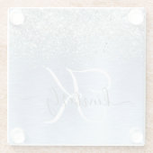 Blue Brushed Metal Silver Glitter Monogram Name Glazen Onderzetter (Achterkant)
