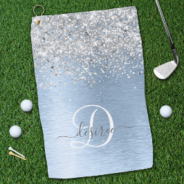 Blue Brushed Metal Silver Glitter Monogram Name Golfhanddoek