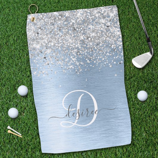 Blue Brushed Metal Silver Glitter Monogram Name Golfhanddoek