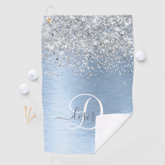 Blue Brushed Metal Silver Glitter Monogram Name Golfhanddoek (Insitu)