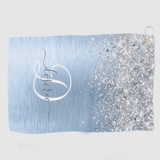 Blue Brushed Metal Silver Glitter Monogram Name Golfhanddoek (Horizontaal)