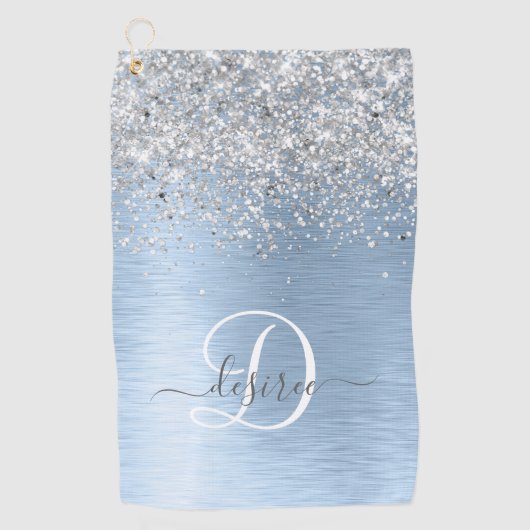 Blue Brushed Metal Silver Glitter Monogram Name Golfhanddoek (Voorkant)