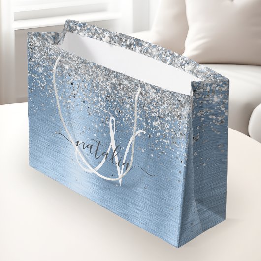 Blue Brushed Metal Silver Glitter Monogram Name Groot Cadeauzakje