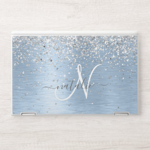 Blue Brushed Metal Silver Glitter Monogram Name HP Laptopsticker