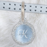 Blue Brushed Metal Silver Glitter Monogram Name Huisdierpenning<br><div class="desc">Pas dit trendy label-design met een  zilveren mousserende glitter op een blauwe,  geborstelde metalen achtergrond eenvoudig aan.</div>
