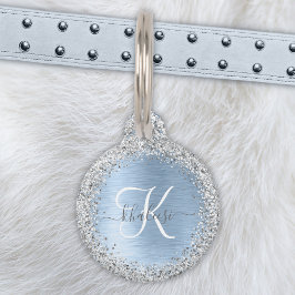 Blue Brushed Metal Silver Glitter Monogram Name Huisdierpenning
