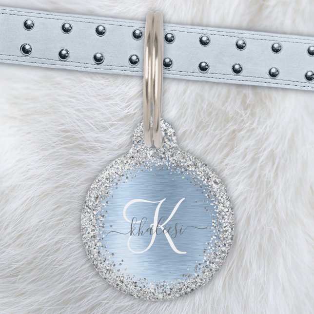 Blue Brushed Metal Silver Glitter Monogram Name Huisdierpenning (Creator heeft geüpload)
