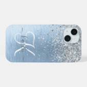 Blue Brushed Metal Silver Glitter Monogram Name iPhone 15 Case (Achterkant horizontaal)