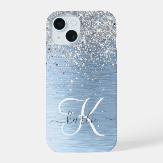 Blue Brushed Metal Silver Glitter Monogram Name iPhone 15 Case (Achterkant)