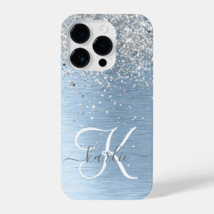 Blue Brushed Metal Silver Glitter Monogram Name iPhone 14 Plus Hoesje