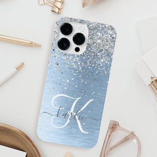 Blue Brushed Metal Silver Glitter Monogram Name iPhone 14 Pro Max Hoesje