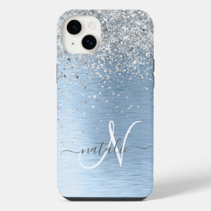 Blue Brushed Metal Silver Glitter Monogram Name