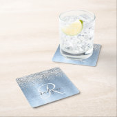 Blue Brushed Metal Silver Glitter Monogram Name Kartonnen Onderzetters (Insitu)
