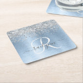 Blue Brushed Metal Silver Glitter Monogram Name Kartonnen Onderzetters (Schuin)