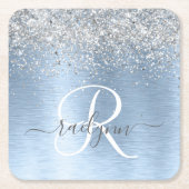 Blue Brushed Metal Silver Glitter Monogram Name Kartonnen Onderzetters (Voorkant)
