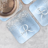 Blue Brushed Metal Silver Glitter Monogram Name Kartonnen Onderzetters