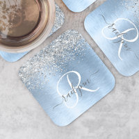 Blue Brushed Metal Silver Glitter Monogram Name