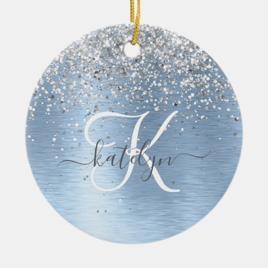 Blue Brushed Metal Silver Glitter Monogram Name Keramisch Ornament (Voorkant)