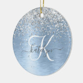 Blue Brushed Metal Silver Glitter Monogram Name Keramisch Ornament (Links)