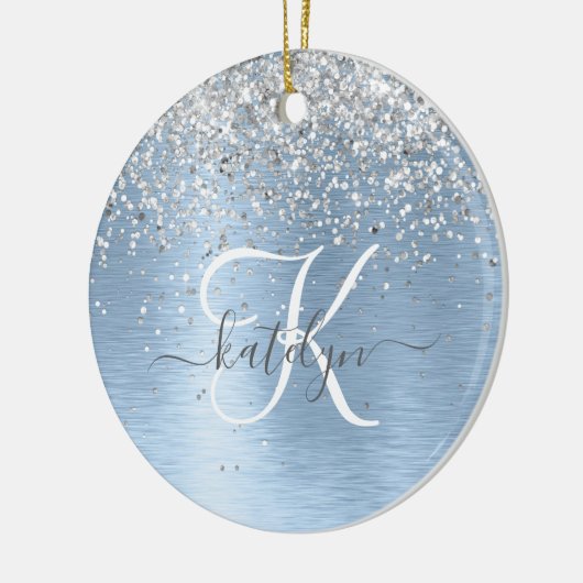 Blue Brushed Metal Silver Glitter Monogram Name Keramisch Ornament (Links)