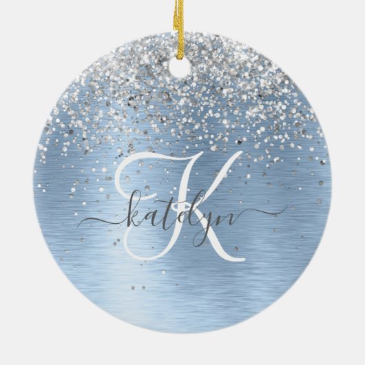 Blue Brushed Metal Silver Glitter Monogram Name Keramisch Ornament (Achterkant)