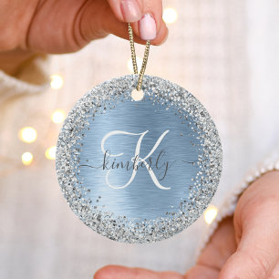 Blue Brushed Metal Silver Glitter Monogram Name Keramisch Ornament