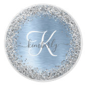 Blue Brushed Metal Silver Glitter Monogram Name Keramische Knop (Voorkant)