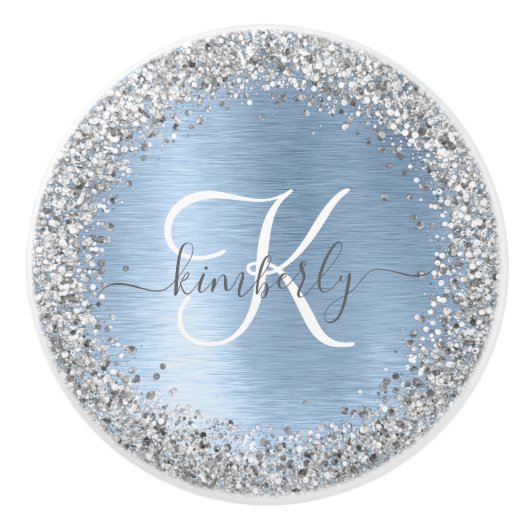 Blue Brushed Metal Silver Glitter Monogram Name Keramische Knop (Voorkant)