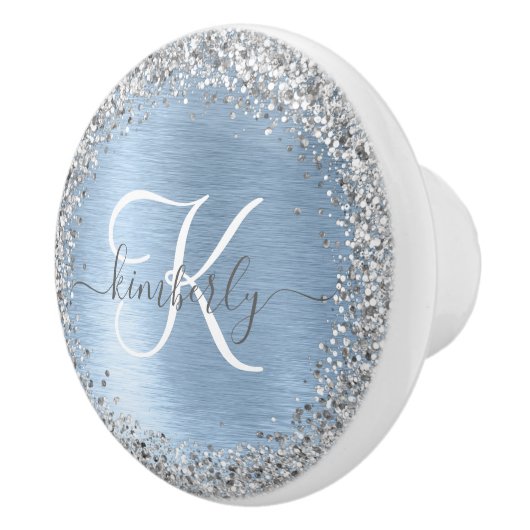Blue Brushed Metal Silver Glitter Monogram Name Keramische Knop (Rechts)