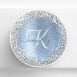 Blue Brushed Metal Silver Glitter Monogram Name Keramische Knop<br><div class="desc">Pas dit trendy keramische knobontwerp met  zilveren mousserende glitter op een blauwe,  geborstelde metalen achtergrond eenvoudig aan.</div>
