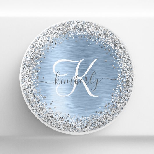 Blue Brushed Metal Silver Glitter Monogram Name Keramische Knop