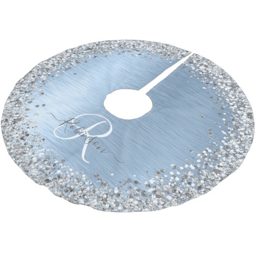 Blue Brushed Metal Silver Glitter Monogram Name Kerstboom Rok (Gekanteld)