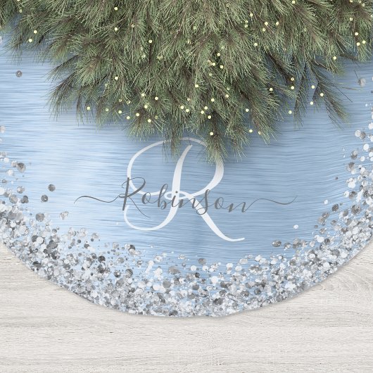 Blue Brushed Metal Silver Glitter Monogram Name Kerstboom Rok