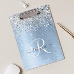 Blue Brushed Metal Silver Glitter Monogram Name Klembord<br><div class="desc">Pas dit trendy klokbordontwerp met  zilveren mousserende glitter op een blauwe,  geborstelde metalen achtergrond eenvoudig aan.</div>