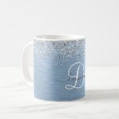 Blue Brushed Metal Silver Glitter Monogram Name Koffiemok (Voorkant links)