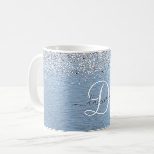 Blue Brushed Metal Silver Glitter Monogram Name Koffiemok (Voorkant links)