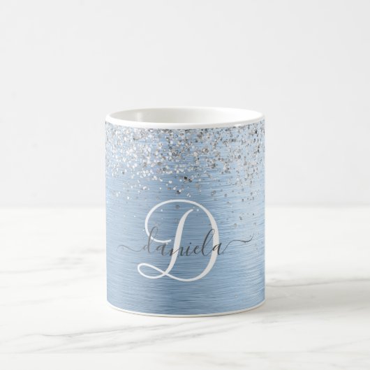 Blue Brushed Metal Silver Glitter Monogram Name Koffiemok (Center)