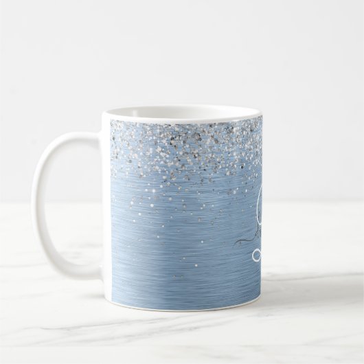 Blue Brushed Metal Silver Glitter Monogram Name Koffiemok (Links)