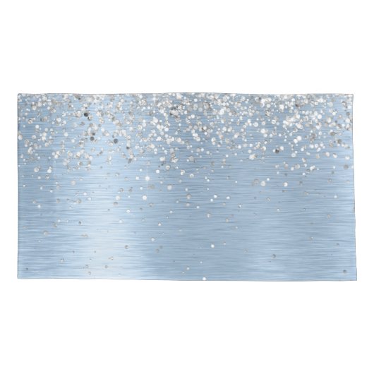 Blue Brushed Metal Silver Glitter Monogram Name Kussensloop (Achterkant)