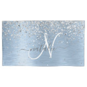Blue Brushed Metal Silver Glitter Monogram Name Kussensloop (Voorkant)