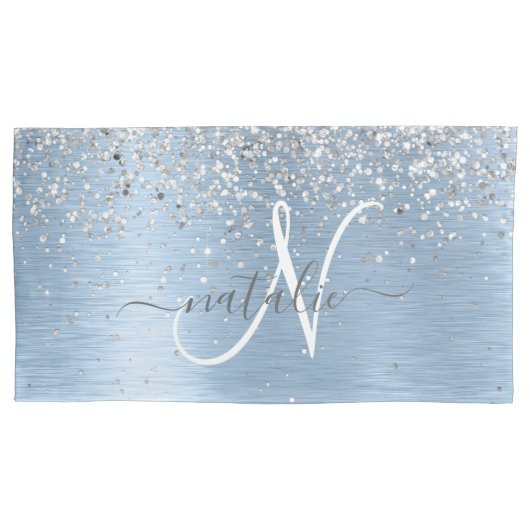 Blue Brushed Metal Silver Glitter Monogram Name Kussensloop (Voorkant)
