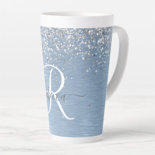 Blue Brushed Metal Silver Glitter Monogram Name Latte Mok (Rechterhoek)