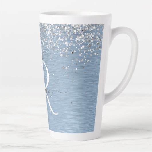Blue Brushed Metal Silver Glitter Monogram Name Latte Mok (Rechts)