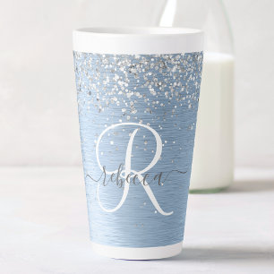 Blue Brushed Metal Silver Glitter Monogram Name Latte Mok