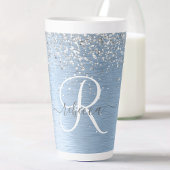 Blue Brushed Metal Silver Glitter Monogram Name Latte Mok