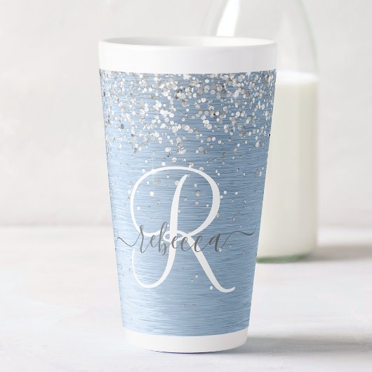 Blue Brushed Metal Silver Glitter Monogram Name Latte Mok