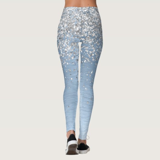 Blue Brushed Metal Silver Glitter Monogram Name Leggings (Achterkant)