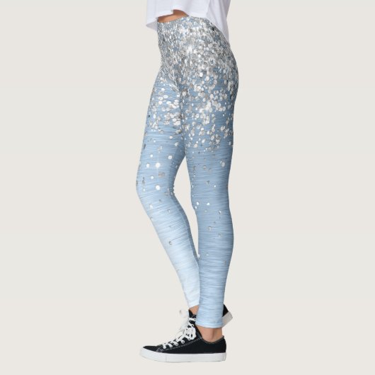 Blue Brushed Metal Silver Glitter Monogram Name Leggings (Links)