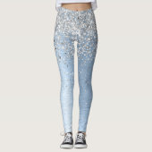 Blue Brushed Metal Silver Glitter Monogram Name Leggings (Voorkant)