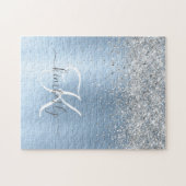 Blue Brushed Metal Silver Glitter Monogram Name Legpuzzel (Horizontaal)